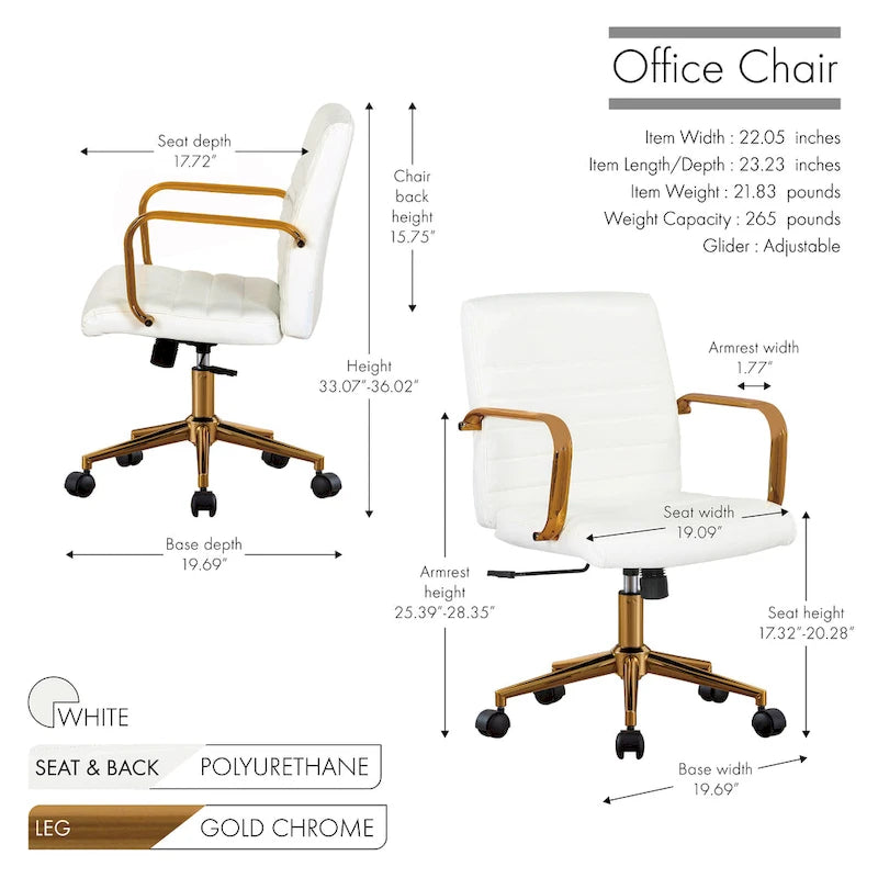 PU Leather Swivel Office Chair with Gold Armrests and Roller Wheels
