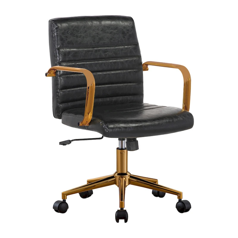 PU Leather Swivel Office Chair with Gold Armrests and Roller Wheels