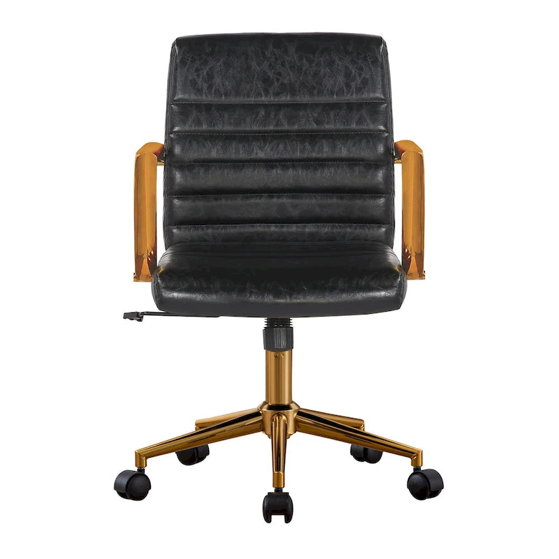 PU Leather Swivel Office Chair with Gold Armrests and Roller Wheels