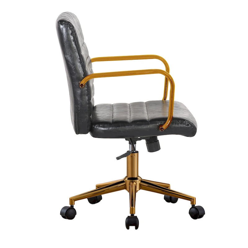 PU Leather Swivel Office Chair with Gold Armrests and Roller Wheels