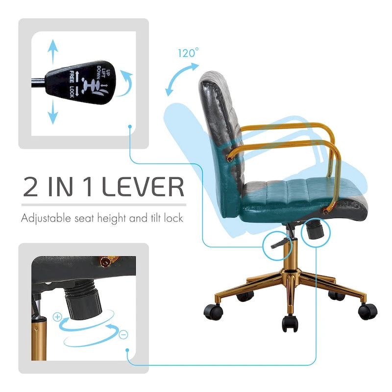 PU Leather Swivel Office Chair with Gold Armrests and Roller Wheels