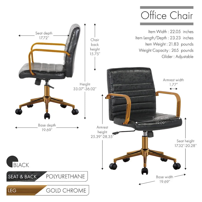 PU Leather Swivel Office Chair with Gold Armrests and Roller Wheels