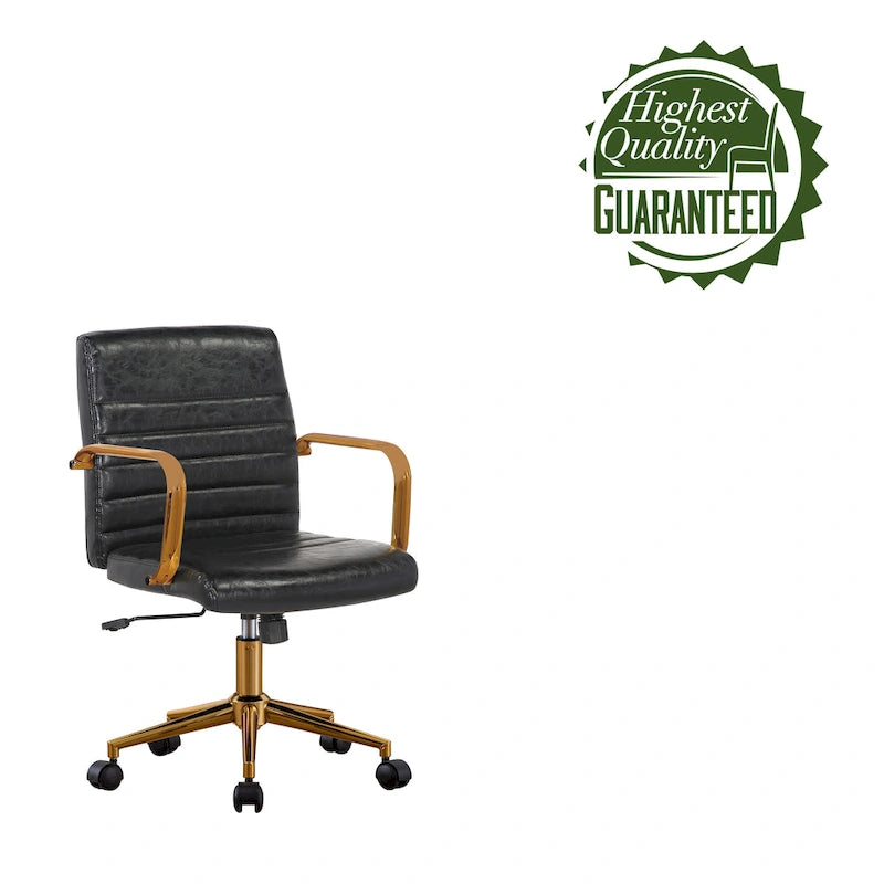 PU Leather Swivel Office Chair with Gold Armrests and Roller Wheels