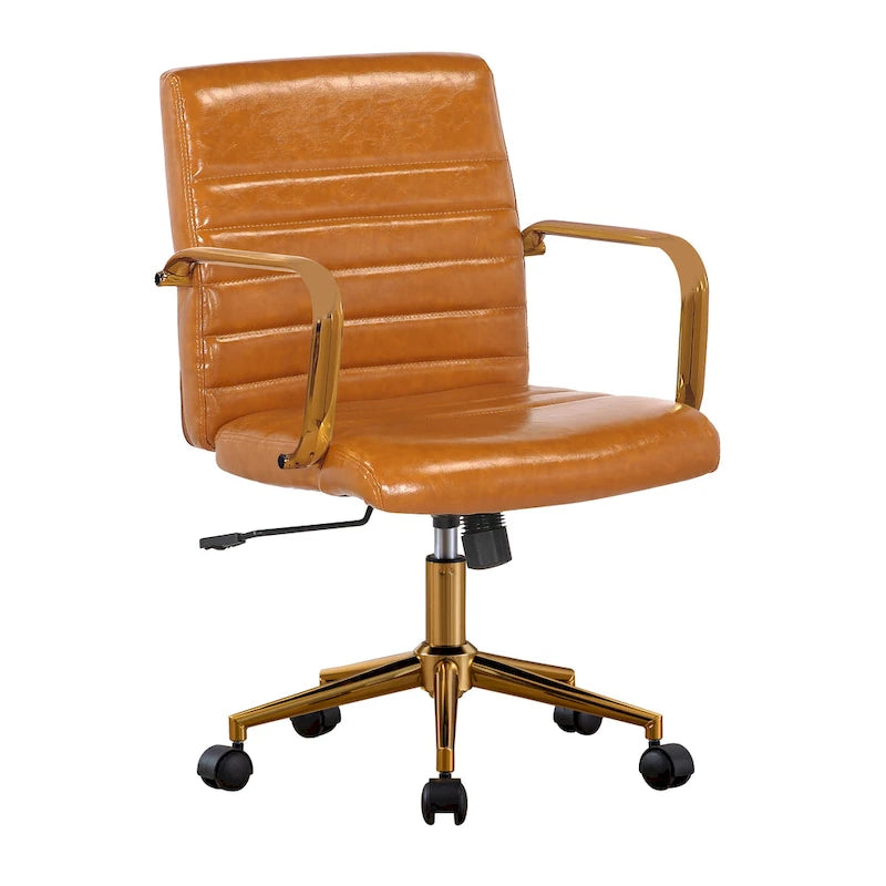 PU Leather Swivel Office Chair with Gold Armrests and Roller Wheels