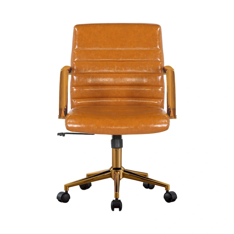 PU Leather Swivel Office Chair with Gold Armrests and Roller Wheels