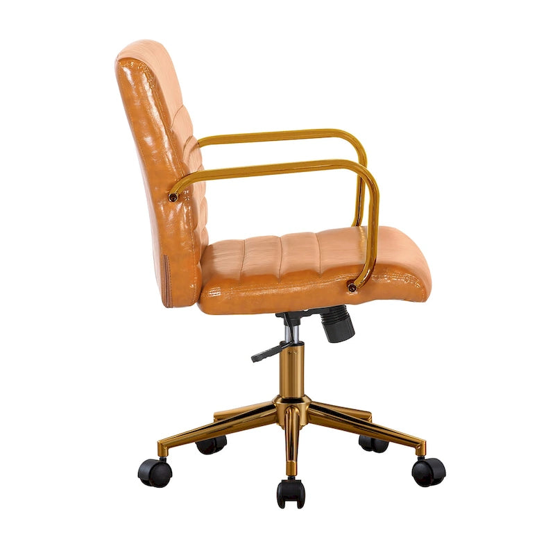 PU Leather Swivel Office Chair with Gold Armrests and Roller Wheels