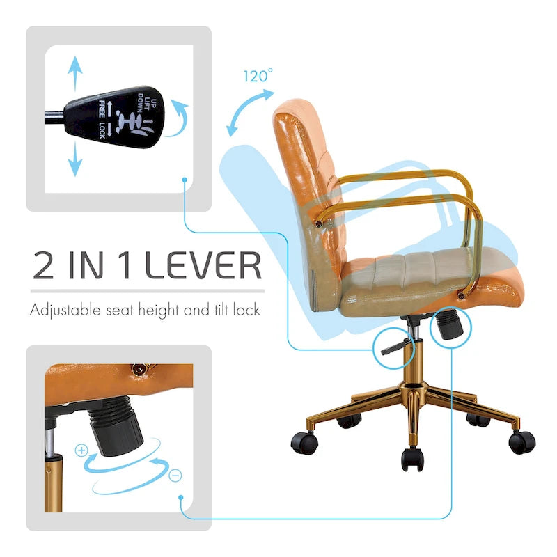 PU Leather Swivel Office Chair with Gold Armrests and Roller Wheels
