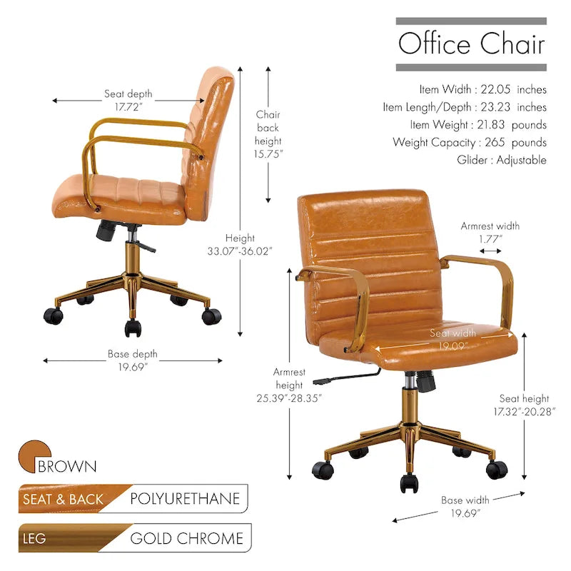 PU Leather Swivel Office Chair with Gold Armrests and Roller Wheels