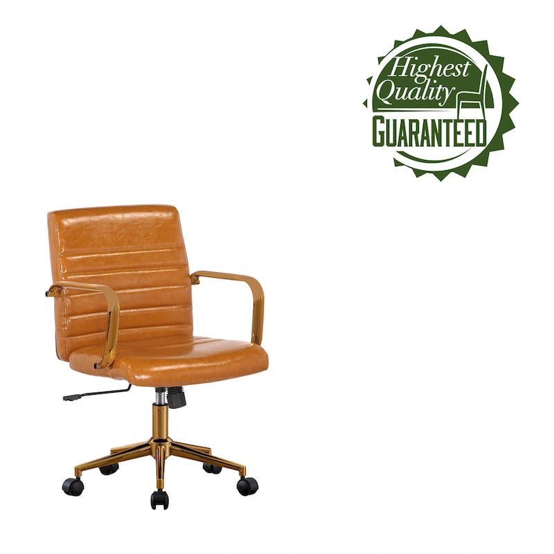 PU Leather Swivel Office Chair with Gold Armrests and Roller Wheels