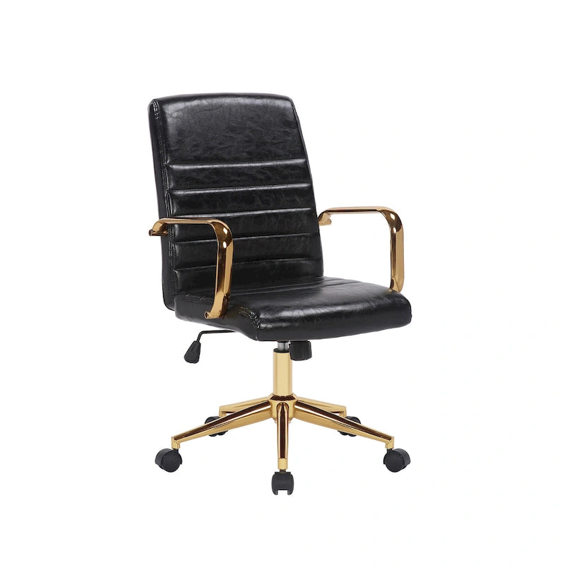 PU Leather Swivel Office Chair with Gold Armrests and Roller Wheels