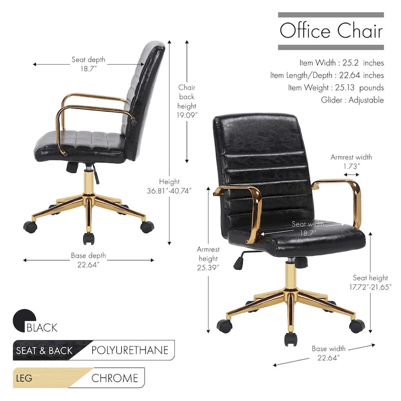 PU Leather Swivel Office Chair with Gold Armrests and Roller Wheels