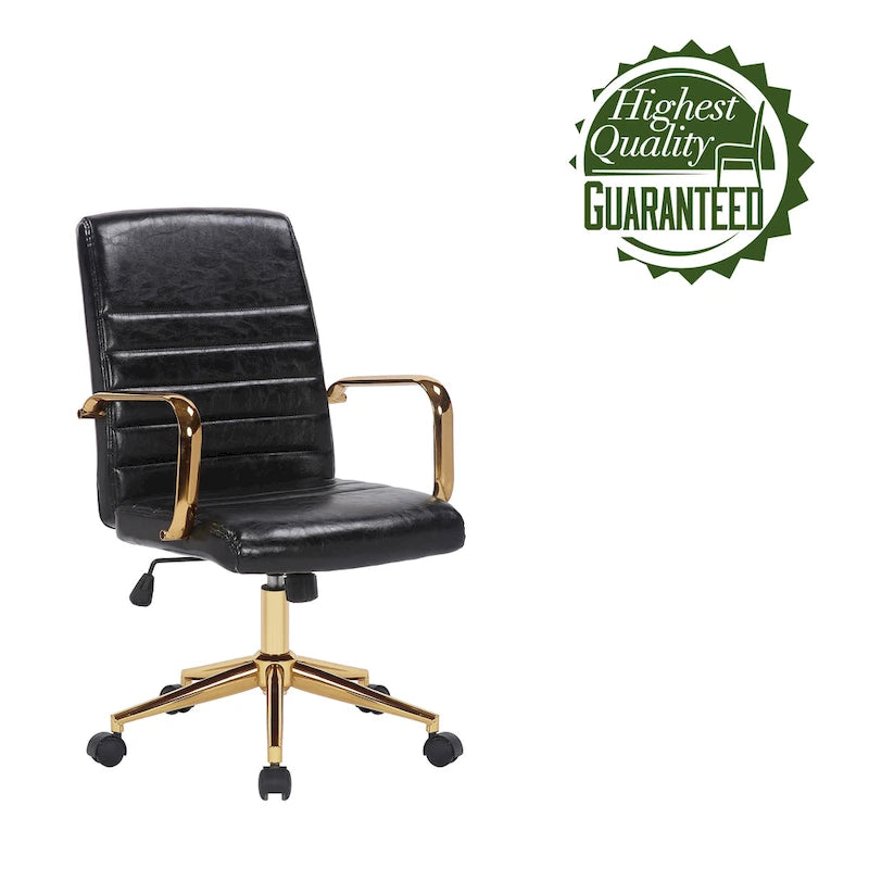 PU Leather Swivel Office Chair with Gold Armrests and Roller Wheels