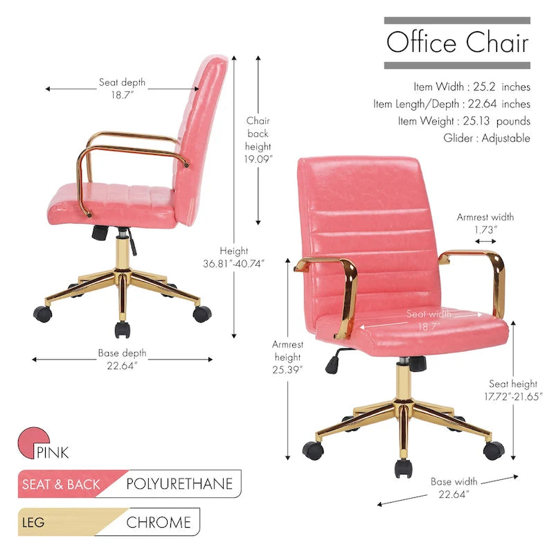 PU Leather Swivel Office Chair with Gold Armrests and Roller Wheels