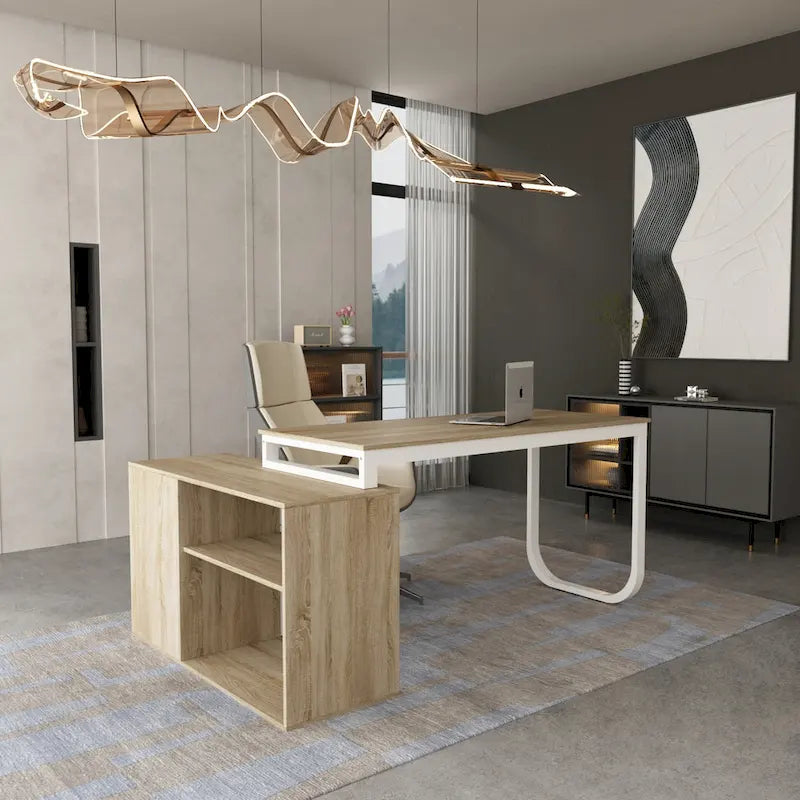 55-inch L Shaped Office Computer Desk with Drawers, Wood