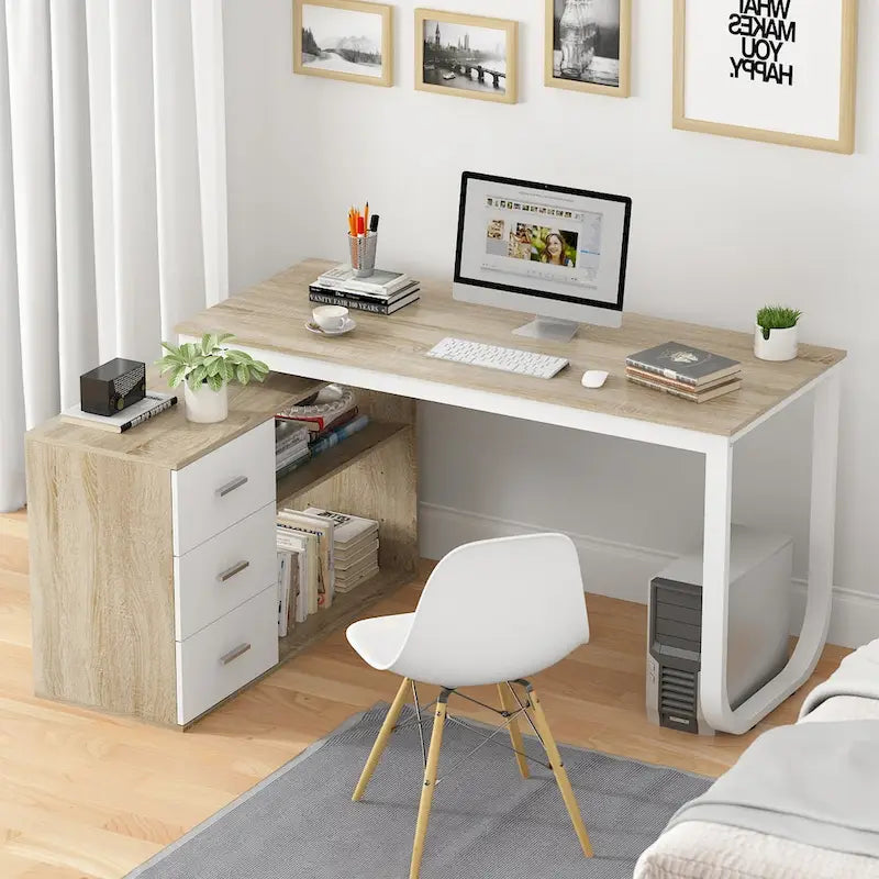 55-inch L-förmiger Büro-Computertisch mit Schubladen, Holz