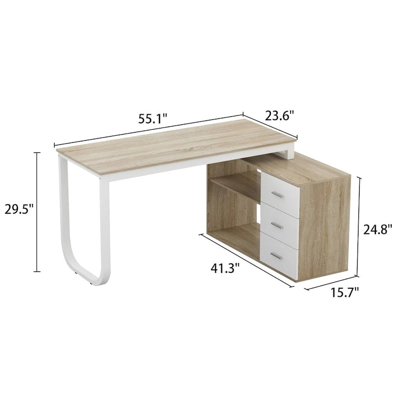 55-inch L Shaped Office Computer Desk with Drawers, Wood