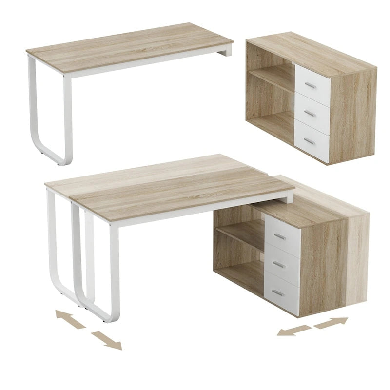 55-inch L Shaped Office Computer Desk with Drawers, Wood