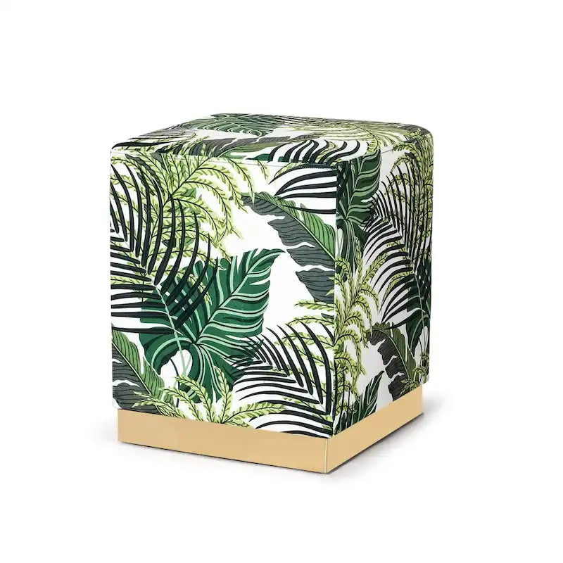 Quadratischer Samt-Hocker mit goldbeschichtetem Sockel