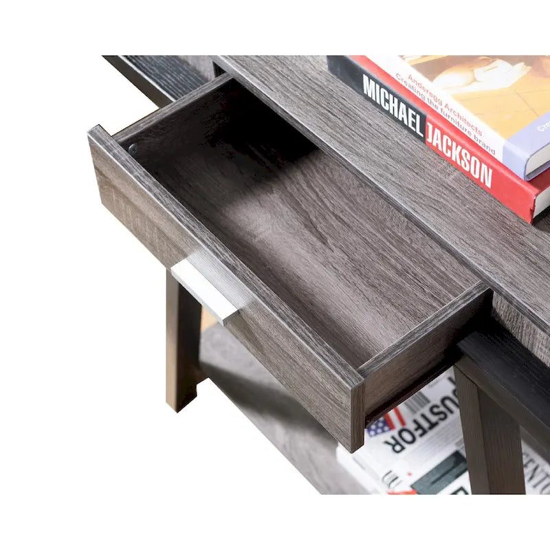 Holzkonsolentisch mit angewinkelter Beinstütze und Schublade, schwarz und grau