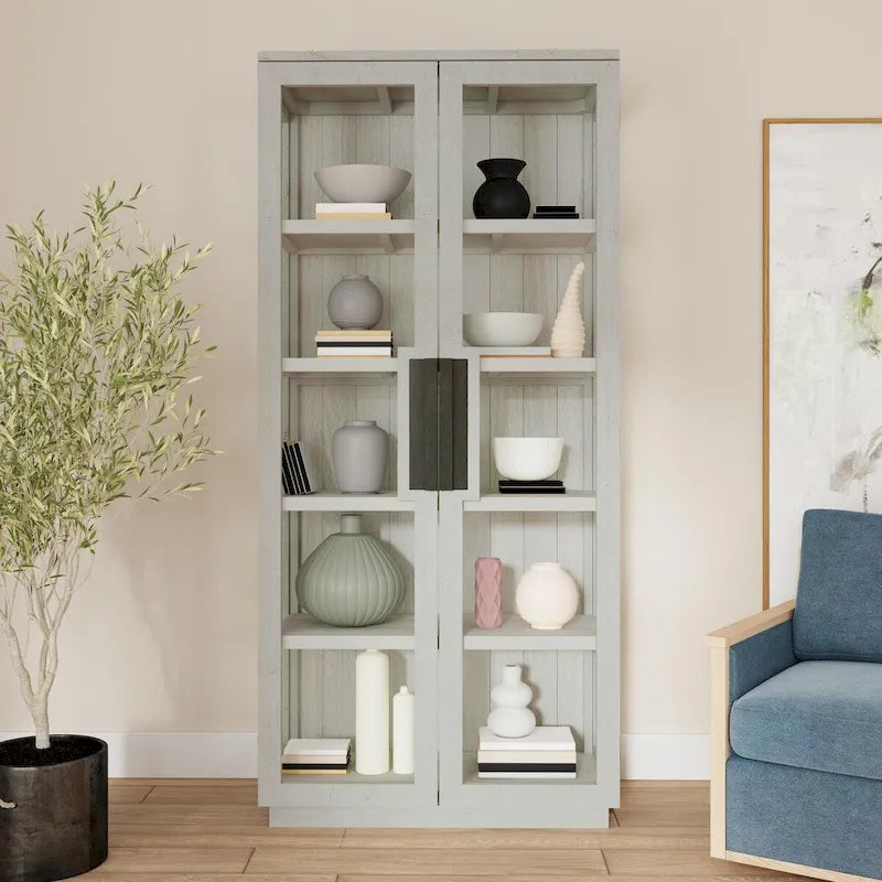 82" Reclaimed Pine Wood Display Cabinet with Tempered Glass Doors