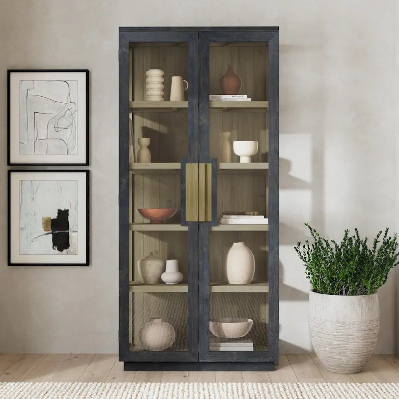 82" Reclaimed Pine Wood Display Cabinet with Tempered Glass Doors