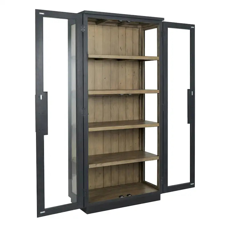 82" Reclaimed Pine Wood Display Cabinet with Tempered Glass Doors