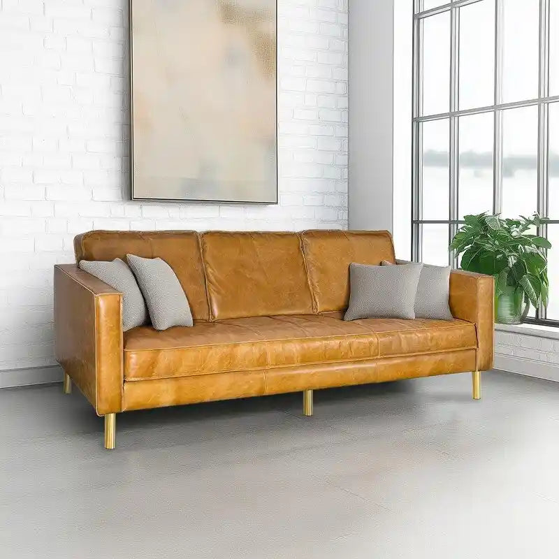 Natural Luxury Distressed Leather Minimalist Sofa - 78.8W x 35.5D x 33.5H