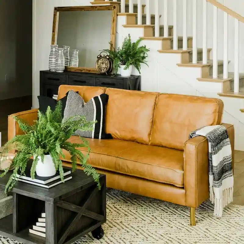 Natural Luxury Distressed Leather Minimalist Sofa - 78.8W x 35.5D x 33.5H