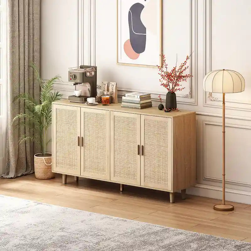 Rattan-Schrank mit 4 Türen zur dekorativen Aufbewahrung - 62.2L x 15.75W x 34.25H