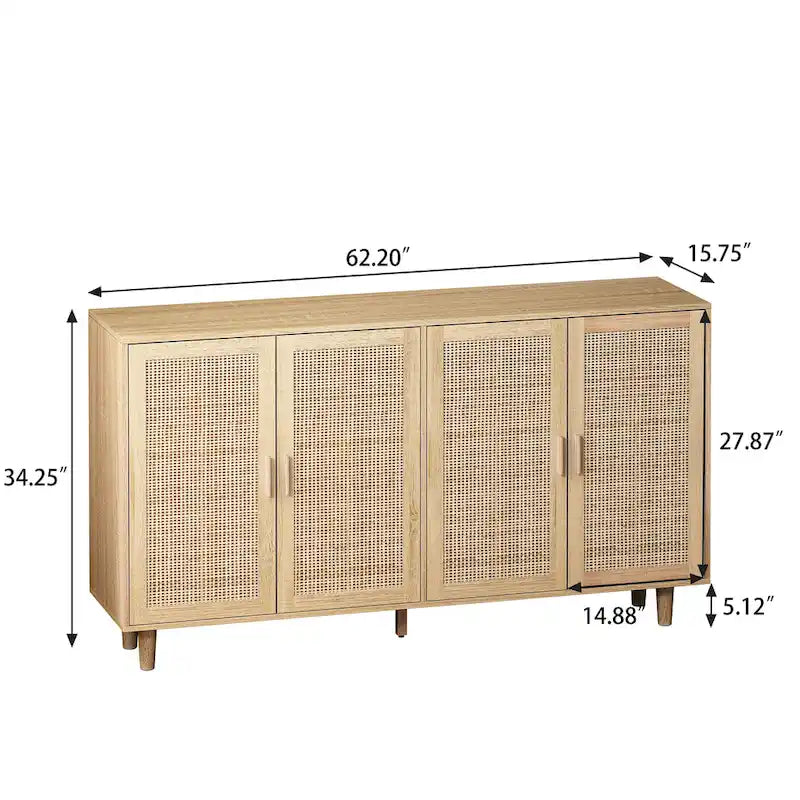Rattan-Schrank mit 4 Türen zur dekorativen Aufbewahrung - 62.2L x 15.75W x 34.25H