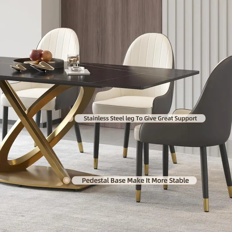 70 weißer Esstisch aus Sinterstein mit goldenem Edelstahl-Sockel