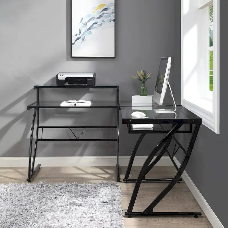 L-Shaped Glass Top Home Office Gaming and Editing Desk