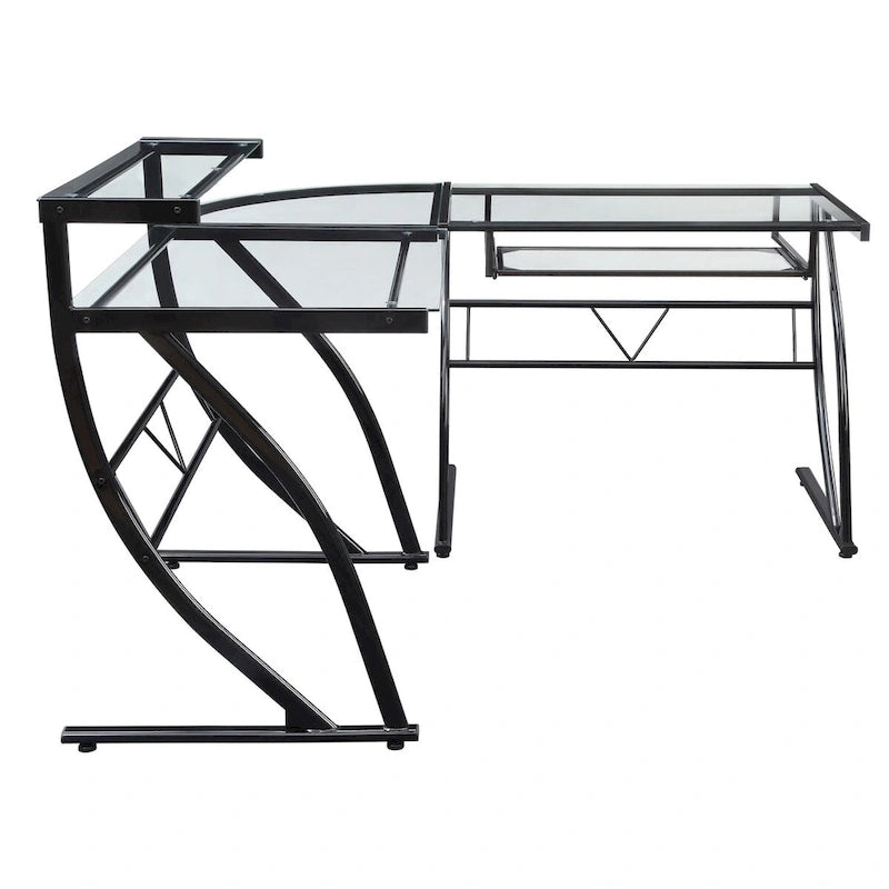 L-Shaped Glass Top Home Office Gaming and Editing Desk