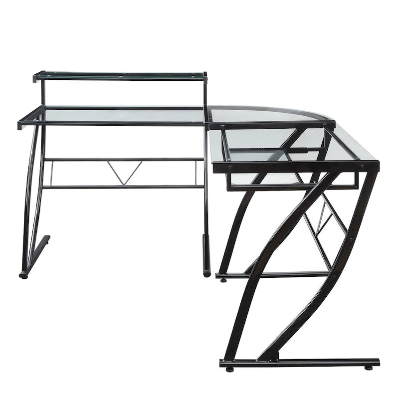 L-Shaped Glass Top Home Office Gaming and Editing Desk